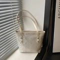 Beige tote bag in jacquard fabric with geometric patterns and leather straps - White Without Pendant