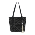 Grande borsa tote nera con motivo geometrico argento e ciondolo a nappa avorio - Nero Con Pendente