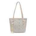Borsa tote beige a contrasto con motivi geometrici e ciondolo a nappa per donna - Bianco Con Pendente