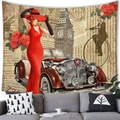 Tapisserie murale vintage avec Big Ben de Londres et voiture rouge classique - Style Britannique(15) / 100X70
