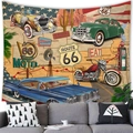 Détail de tapisserie Route 66 avec voitures vintage et motifs de carte américaine - Style Route 66(12) / 100x70(Peau de Pêche)