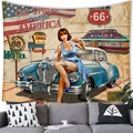 Detail of vintage American route 66 car tapestry hanging above a modern sofa - 150x100cm / Peach Skin / Blue Vintage Car and Road Trip Style (6)