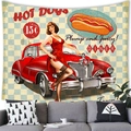 Detailed close-up of retro American diner tapestry featuring vintage car and pin-up girl art - 150x100cm / Peach Skin / Hot Dog Diner and Vintage Red Car Style (4)