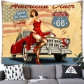 Detail of vintage American Route 66 tapestry featuring retro car and pin-up girl design - 150x100cm / Peach Skin / Route 66 and Pin-up Girl Style (2)