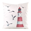 Silk-like square pillow case featuring nautical lighthouse and flying seagulls art - Red White Ring Lighthouse Style (9)
