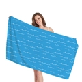 Blue beach towel with white wave patterns held by a model for seaside vacation - Royal Blue Wave Print(4) / 150x75cm