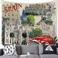 Tapisserie vintage Espagne avec voiture rouge classique et design de cathédrales - Style Espagnol (4) / 150x100(Peau de Pêche)