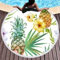 Thick round beach towel with tropical pineapple and floral prints and white tassels - Pineapple and Yellow Hibiscus Style