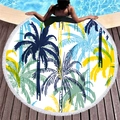 Round beach towel with tropical palm leaves, white tassels, and poolside vacation design - Blue Palm Trees Style