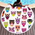 Round quick-dry beach towel with cartoon owl patterns and white tassels on pool deck - Purple Cartoon Owl Style (1)