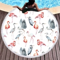 Round beach towel with flamingo pattern, white tassels, on wooden deck by pool - Red Flamingo and Gray Heron Style (2)