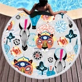 Round beach towel with colorful animal prints and tassels on a scenic poolside deck - Colorful Tiger Zebra Exotic Style (3)