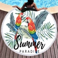 Round beach towel with colorful macaw parrots and tropical leaves by a sunny pool - Parrot Style