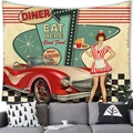 Retro American diner tapestry featuring a classic red car and waitress on a grey sofa background - 150x100cm / Peach Skin / Red Car and Waitress Style (1)