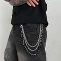 Three-layer men's hip-hop waist chain with silver metal links and black thread wrap detail - Black Silver Multi Layer Metal Pant Chain (01973)