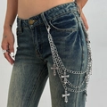 Three-layer silver cross pendant pants chain with gothic punk tassels for jeans - Silver Tone 1954