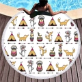 Round beach towel with tribal fox illustration and white fringes on pool deck - Indian Tribal Theme Cartoon Fox Style (5)