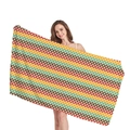 Thick beach towel with vintage geometric pattern in brown, yellow and red colors - Retro Multicolor Linked Circles (9)