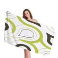 Minimalist beach towel featuring green and brown abstract geometric curves on white fabric - Green Coffee Geometric Curves (10)