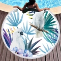 Round beach towel with tropical cockatoo and leaf prints featuring white fringe borders - Cockatoo and Tropical Floral Style