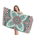 Ethnic mandala geometric patterned thick beach towel shown by model on white background - Mint Green Mandala (1)