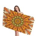 Mandala floral pattern beach towel with vibrant orange and yellow geometric design held by model - Mandala Print 2