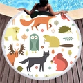 Round beach towel featuring colorful cartoon forest animals and white fringe on a pool deck - Colorful Cartoon Forest Animals Style (7)