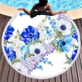Round floral beach towel with blue and purple flowers and white fringe tassels - Blue Purple Artistic Floral Style