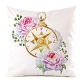 Housse de coussin carrée avec roses à l'aquarelle et boussole dorée sur blanc - Style Boussole Rose Florale / 45x45 cm