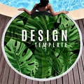 Round beach towel with green monstera leaf print and white tassels on a pool background - Dark Green Monstera Leaves Style