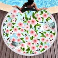 Round beach towel with hummingbirds and pink floral print with white tassels - Light Blue Hummingbird Pastoral Floral Style (8)