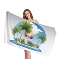 Asciugamano da spiaggia spesso con stampa tropicale di palme e spiaggia su sfondo bianco - Stile Ombrellone Lounge Isola Tropicale (10) / 150x75cm