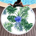 Tropical palm leaf round beach towel with white tassels and blue flower pattern - Blue Flower Rainforest Style