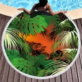 Circular tropical plant beach towel with white tassels and palm leaves design - Orange Gradient Tropical Plants (4)