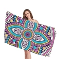 Ethnic Mandala geometric microfiber beach towel with vibrant floral patterns held by a model - Cyan Blue Yellow Mandala (4)