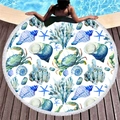 Round beach towel featuring watercolor ocean life patterns and white tassel edge - Ocean Life Style