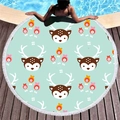 Round blue microfiber beach towel featuring a cartoon deer print and white fringe tassels - Light Blue Cartoon Deer Head Style (10)