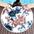 Rundes Strandtuch mit marineblauem Blumenmuster und weißen Fransen am Beckenrand - Vintage Blau Brauner Chrysanthemenstil (5)