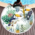 Tropical round beach towel with tassels featuring toucan, pineapple and floral prints - Toucan Pineapple Style