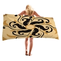 Rectangle beach towel with golden mandala pattern shown by model on white background - Beige Gold Vine Mandala Floral (3)