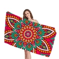Bohemian mandala beach towel featuring vibrant red and green floral patterns held by model - Multicolor Floral Mandala (6)