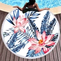 Round thick beach towel with tropical pink lotus and blue palm leaves with white tassels - Pink Lotus and Blue Leaves Style