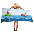 Asciugamano da spiaggia nautico con motivi di nave cartone animato faro e mare - Stile Faro e Nave / 150x75cm