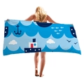 Telo mare spesso in stile nautico con barca a vela cartoon, ancora e onde blu - Stile Onde e Pesci / 150x75cm
