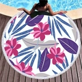 Tropical floral round beach towel with tassels on pool deck, pink and purple leaf patterns - Pink Flower Blue Leaf Style