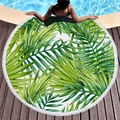 Round beach towel with tropical green palm leaf print and white fringe tassels - Green Palm Leaves All-over Print Style