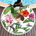 Round thick beach towel with tropical plants and tassels on a wooden pool deck - Rainforest Floral Composition (5)