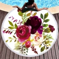 Rundes Strandtuch mit Aquarell-Blumenmuster und weißen Fransen am Pooldeck - Dunkellila Pfingstrose Druck (11)