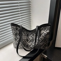 Grand sac cabas avec motif jacquard gris et noir et bandoulières en cuir de qualité - Noir