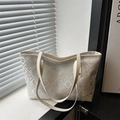 New Chinese style cream plaid tote bag with large capacity and floral jacquard pattern - White